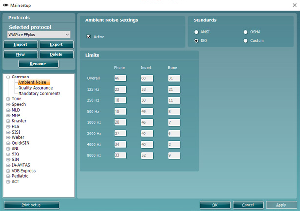 Ambient Noise is located in a tab called Common. The user has the following options. Toggle Ambient Noise to be active or inactive. Use ANSI, OSHA, ISO, or Custom standard. Set the dB limit per transducer at individual frequencies.