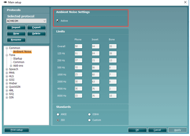Ambient noise settings, including noise limits for phone, insert, and bone at various frequencies. Four standards to choose between: ANSI, OSHA, ISO, and custom.