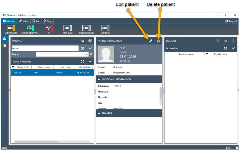 Edit-or-delete-patient-in-OtoAccess-Database Patient overview screen in OtoAccess Database, displaying with yellow arrows where to edit and delete patients