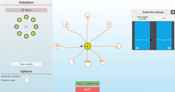 The software is showing a completed limits of stability assessment. The patient has managed to reach all eight positions in a straight fashion. The eight positions are as follows: straight forward, forward to the right, straight right, backward to the right, straight backward, backward to the left, straight left, and forward to the left.