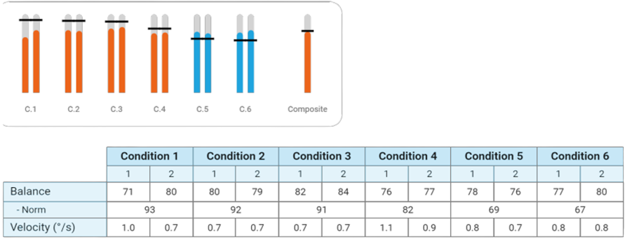 In this example, the patient has performed below normal for conditions 1 to 4 and above the abnormal cutoff for conditions 5 to 6. The composite score is below normal.