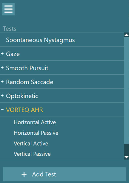 List of tests, including spontaneous nystagmus, gaze, smooth pursuit, random saccade, optokinetic, and VORTEQ active head rotation. For subtests for VORTEQ active head rotation are visible, including horizontal active, horizontal passive, vertical active, and vertical passive.