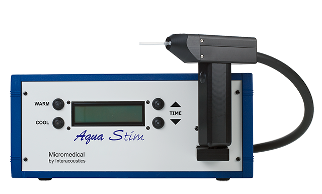 The device consists of a black irrigator, shaped similar to a drill with a small tube at the end. The irrigator is connected by a thick black tube to the main unit, which is rectangular shaped. The edge of the main unit's blue, while the front panel is grey. Beside a small digital display, there are buttons to choose either warm or cool, and to increase or decrease the time.