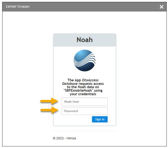 The prompt says 'The App OtoAccess Database requests access to the Noah data on SBPEmobileNoah using your credentials. Below, there's two fields to enter the Noah user and password. Finally, there's a sign in button.