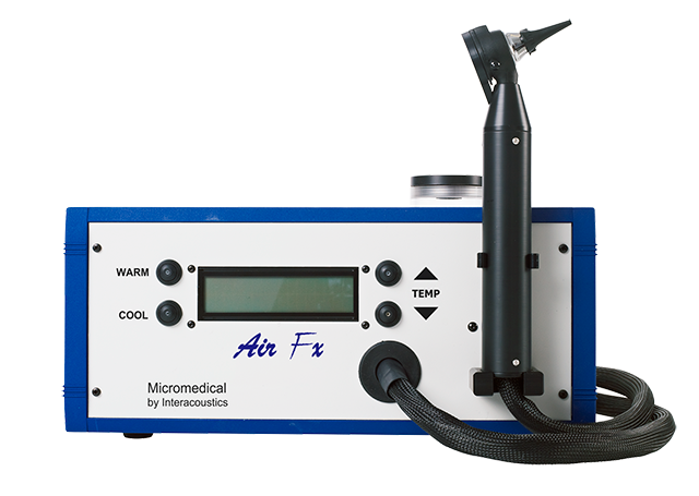 The device consists of a black irrigator, shaped similar to an otoscope. The irrigator is connected to the main unit, which is rectangular shaped. The edge of the main unit's blue, while the front panel is grey. Beside a small digital display, there are buttons to choose either warm or cool, and to increase or decrease the time.