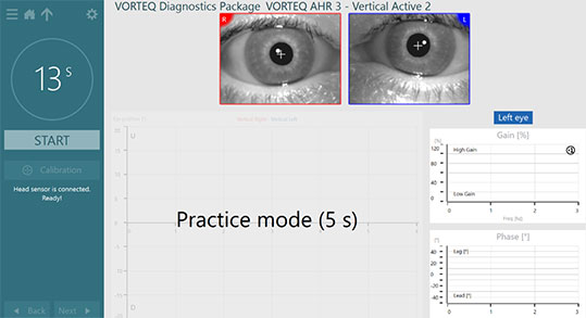 Vertical active subtest screen for VORTEQ active head rotation. Empty gain and phase graphs, and a greyed out eye position graph with the words 'Practice mode (5 s)'.