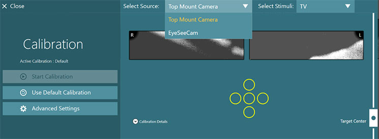 vhit-calibration-camera-source vHIT calibration screen, demonstrating camera source drop down list with two available options: top mount camera or EyeSeeCam.