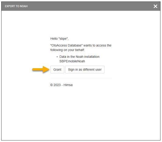 The prompt says 'Hello sbpe, OtoAccess Database wants to access the following on your behalf: Data in the Noah installation: SBPEmobileNoah. Two options are available: 'Grant' and 'Sign in as different user'.