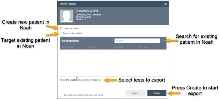 Below the patient selection options, the user can change selected sessions and then either press 'cancel' or 'create'.