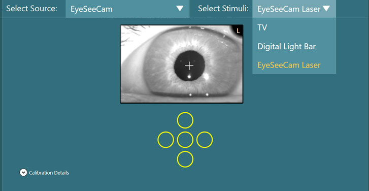 vhit-calibration-stimuli-source vHIT calibration screen, demonstrating stimuli source drop down list with three available options: TV, digital light bar or EyeSeeCam laser.