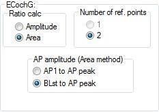 The following options are available. First, ratio calculation, which can either be amplitude or area. Second, number of ref points, which can either be 1 or 2. Third, AP amplitude, also referred to as area method, which can either be AP1 to AP peak or BL start to AP peak.