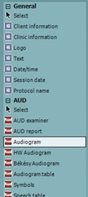 Two main categories: General and AUD. Under General, the following options are available: client information, clinic information, logo, text, date/time, session date, and protocol name. Under AUD, the following options are available: AUD examiner, AUD report, audiogram, HW audiogram, Békésy audiogram, audiogram table, symbols, and speech table.