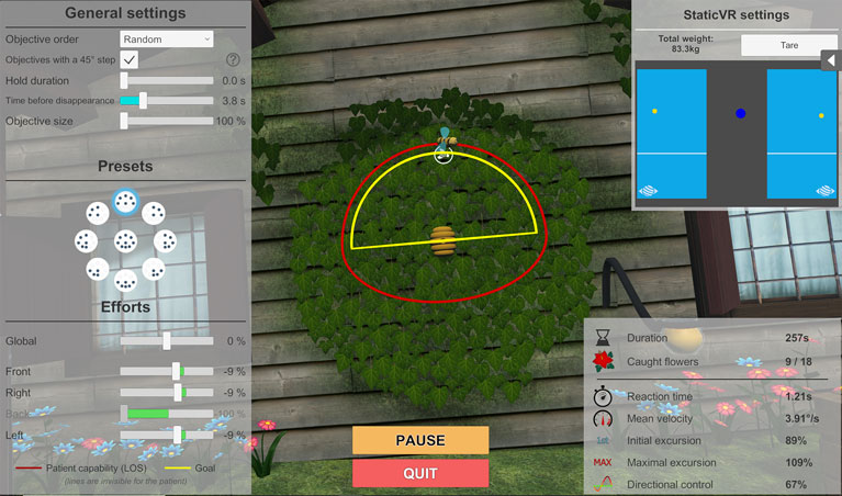 The software is displaying a honeycomb and a bee, with the patient having to lean in various directions to get the bee to fly and catch flowers. A yellow line is displaying the goal radius, and a red line is displaying the patient&acirc;&euro;&trade;s capability. The following general settings are available. Objective order is set to random. Objectives with a 45-degree step is ticked. Hold duration is set to 0.0 seconds but can be increased with a slider. Time before disappearance is set to 3.8 seconds but can be decreased or increased with a slider. Objective size is set to 100% but can be increased with a slider. The following efforts are available. Global is set to 0% but can be decreased or increased with a slider. Front is set to minus 9% but can be decreased or increased with a slider. Right is set to minus 9% but can be decreased or increased with a slider. Back is set to minus 100% but can be decreased or increased with a slider. Left is set to minus 9% but can be decreased or increased with a slider. The software is displaying the following results in real-time. Duration is 257 seconds. Caught flowers is 9 out of 18. Reaction time is 1.21 seconds. Mean velocity is 3.91 degrees per second. Initial excursion is 89%. Maximal excursion is 109%. Directional control is 67%. Finally, the clinician has the options to either pause or quit the session.