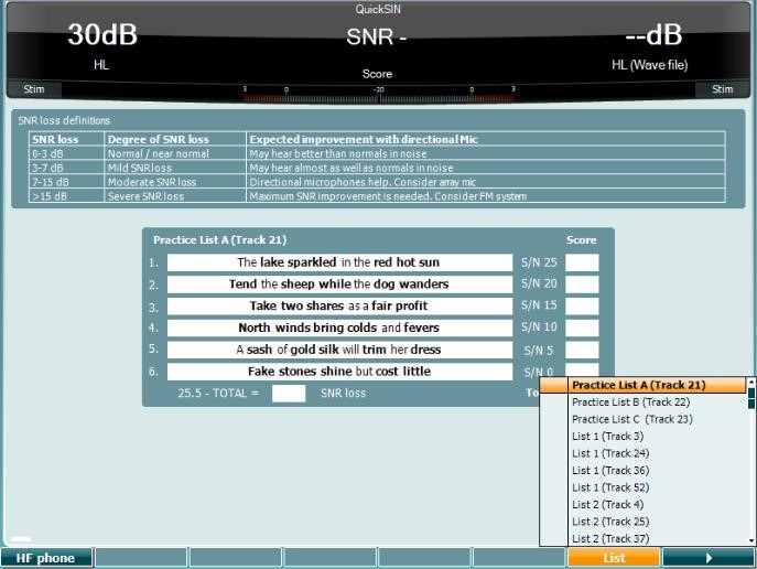 QuickSIN test screen, showing available wordlists to choose between