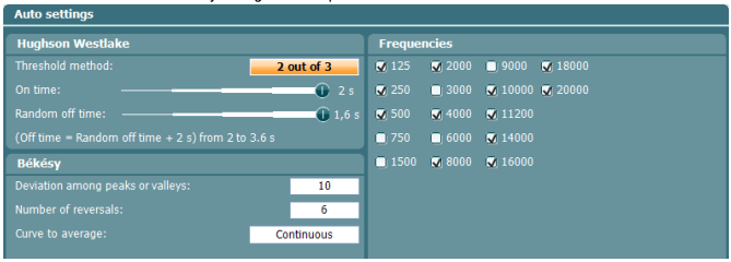 Hughson-Westlake-settings A list of settings for the Hughson-Westlake procedure and Békésy audiometry. For both tests, the following frequencies are ticked: 125, 250, 500, 2000, 4000, 8000, 10000, 11200, 140000, 16000, 18000, and 20000 Hz. For Hughson-Westlake, the threshold method is set to 2 out of 3. On time is set to two seconds. Random off time is set to 1.6 seconds. For Békésy, the devation among peaks or valleys is set to 10. The number of reversals is set to 6. And the curve to average is set to continuous.