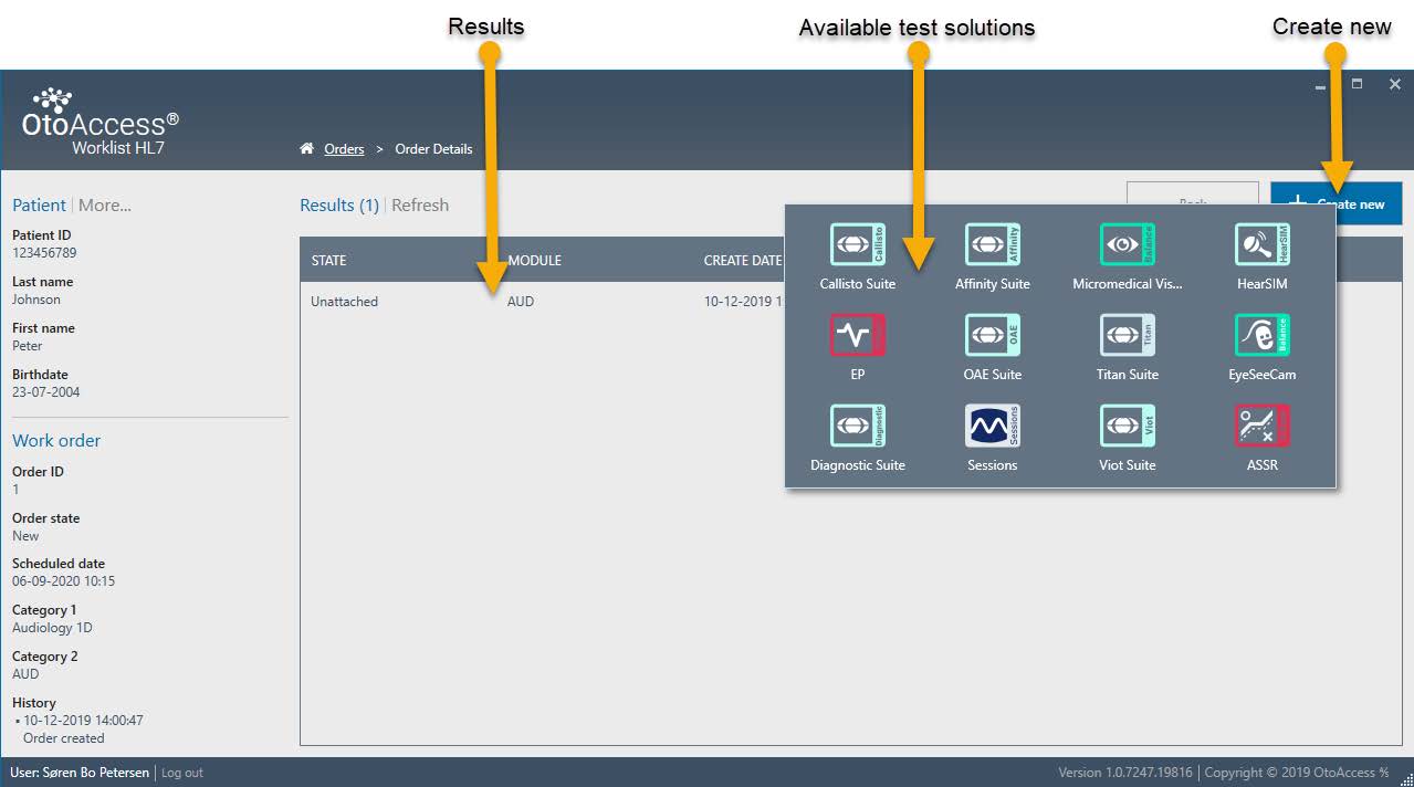 Order details overview in OtoAccess Worklist HL7. A list of details are displayed to the left, including the following: patient id, last name, first name, birthdate, order id, order state, scheduled date, category 1, category 2, and history. Three yellow arrows show where to find previous results, available software suites, and the 'create new' button.