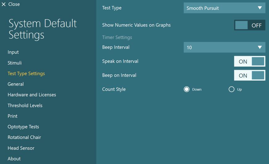 The following options are available. First, test type. This is set to smooth pursuit. Second, show numeric values on graphs. This can be either ON or OFF. Third, beep interval. This is set to 10 seconds. Fourth, speak on interval. This can be either ON or OFF. Fifth, beep on interval. This can be either ON or OFF. Sixth, count style. This can be either Down or Up.