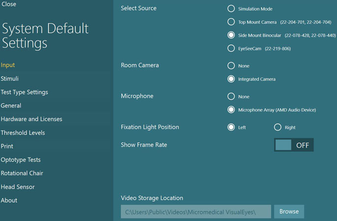 Beyond the option to toggle the fixation light position between left and right, the following options are available. First, select source, which can be simulation mode, top mount camera, side mount binocular, or EyeSeeCam. Second, room camera, which can be none or integrated camera. Third, microphone, which can be none or microphone array. Fourth, show frame rate, which can be either ON or OFF. Finally, the user can browse and select video storage locations.