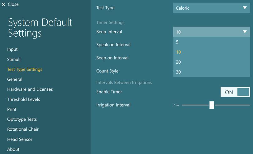 The following options are available. First, test type. This is set to caloric. Second, beep interval. This can be set to 5, 10, 20, or 30 seconds. Third, speak on interval. This can be either ON or OFF. Fourth, beep on interval. This can be either ON or OFF. Fifth, count style. This can be either Down or Up. Sixth, enable timer. This can be either ON or OFF. Seventh, irrigation interval. This is a slider that is set to seven minutes in the example.