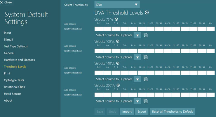 For the four velocities of 75, 100, 140, and 200 degrees per second, the user can input the relative threshold for the following age groups: 0 to 2, 3 to 4, 5 to 6, 7 to 8, 9 to 10, 11 to 20, 21 to 30, 31 to 40, 41 to 50, 51 to 60, 61 to 70, 71 to 80, 81 to 90, and 91 and above. The user can also import or export threshold levels or reset all thresholds to default.